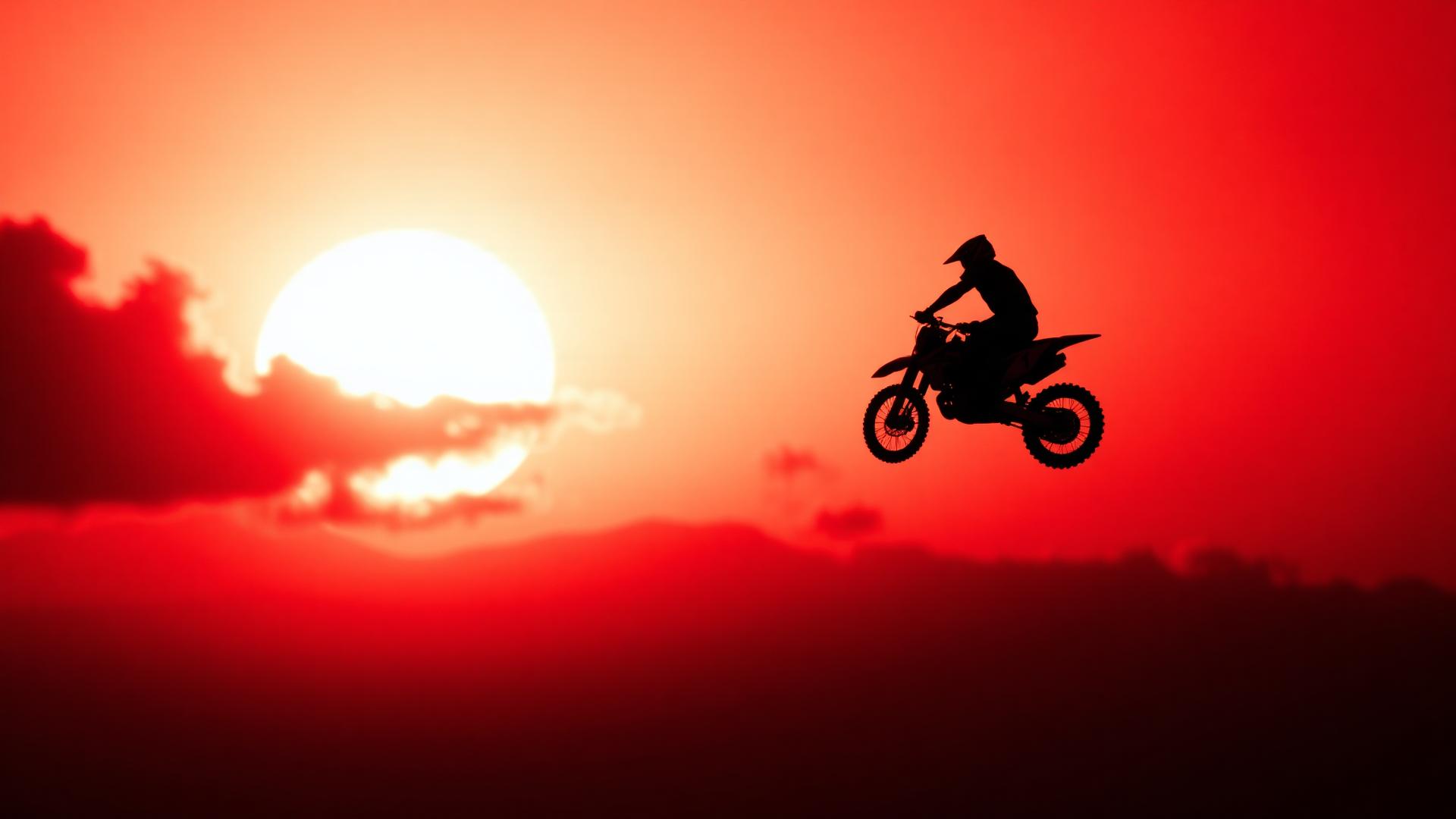 Silhouetted freestyle motocross rider floating a jump across a giant red setting sun