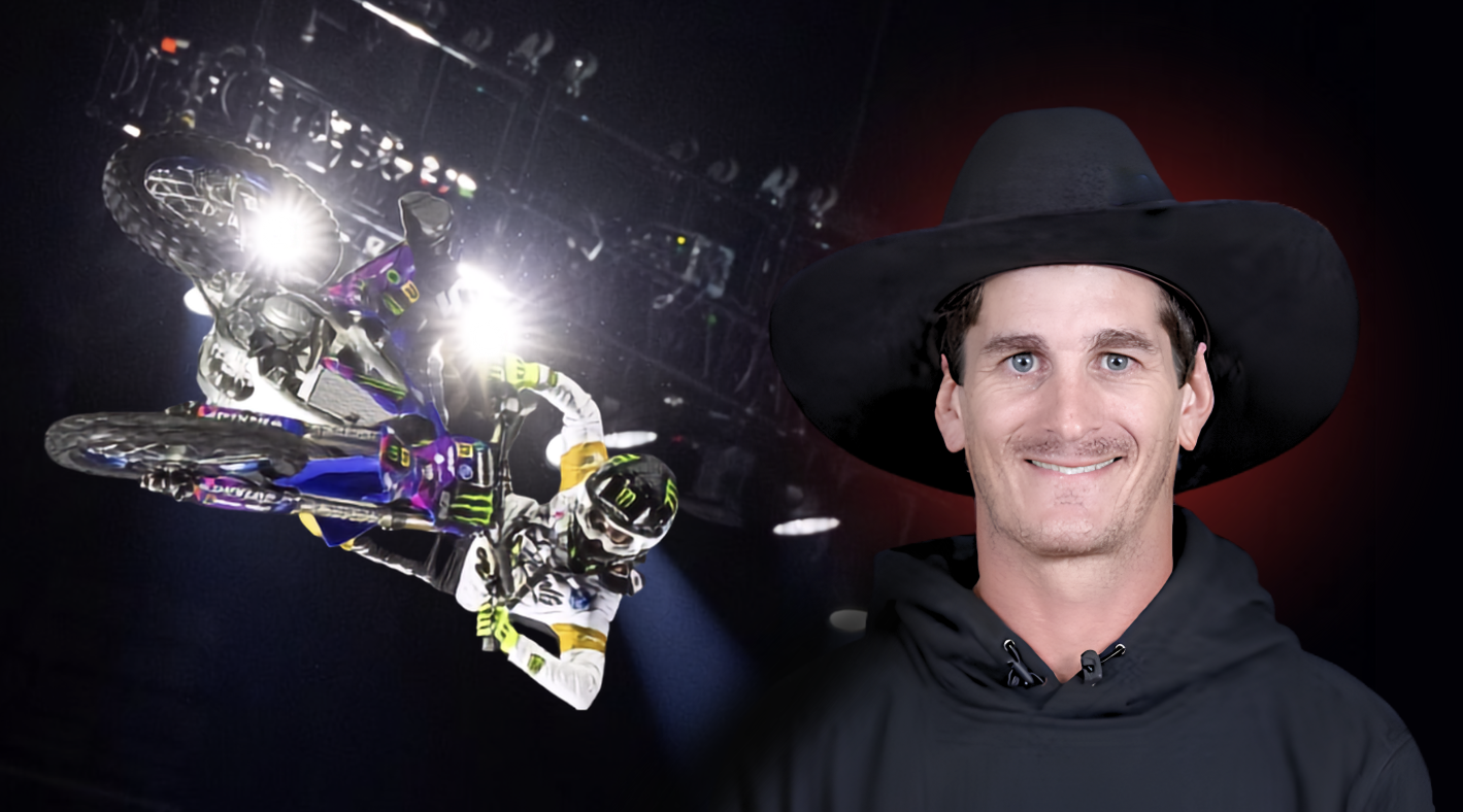 Jarryd McNeil in a black hat and hoodie beside a night-show shot of him inverted on his bike under stadium lights